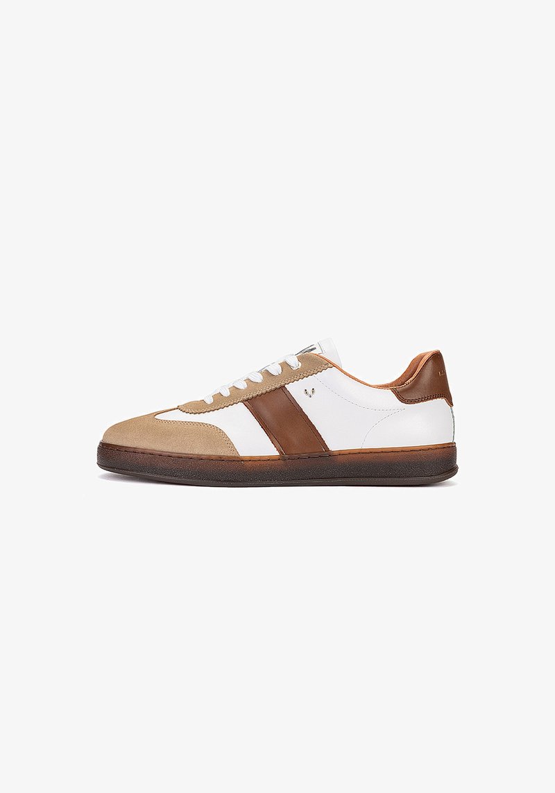 Baskets décontractées basses en cuir blanc et beige, détails en daim marron, lacets blancs et semelle marron foncé, vues de profil.