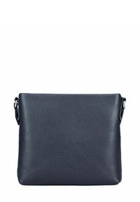 Sac bandoulière en cuir noir avec une finition texturée, de forme rectangulaire, une bandoulière ajustable et un logo embossé sur le devant.