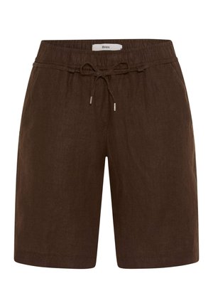 Pantaloncini marroni di lino a mezza lunghezza con vita elastica e coulisse, dotati di tasche laterali e vestibilità comoda.