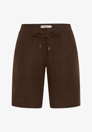 Bruine linnen shorts van middellange lengte met elastische tailleband en koord, voorzien van zijzakken en een ontspannen pasvorm.