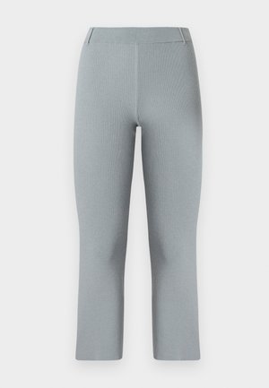 Grå ribbestrikkede bukser med en tettsittende design, som har midtgående midjebånd og en rett fasong som slutter ved ankelen.