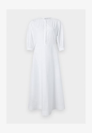 Vestido midi blanco con mangas abullonadas tres cuartos, escote redondo, tapeta de botones oculta en la parte delantera y cintura ajustada.