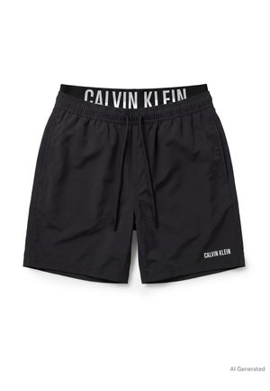 Zwarte Calvin Klein zwembroek met elastische tailleband en trekkoord, zijzakken en wit logo op linkerbeen.