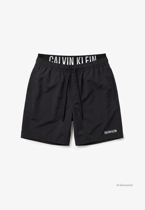 Schwarze Calvin Klein Badeshorts mit elastischem Bund und Kordelzug, seitlichen Taschen und weißem Logo am linken Bein.