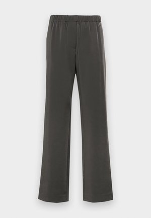 Dunkelgraue, weite Hosen mit einem elastischen Bund, aus einem glatten Stoff gefertigt. Ohne Taschen; hat ein einfaches, schmuckloses Design.