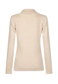 Maglione beige a maniche lunghe con colletto e polsini a coste, texture morbida e design aderente. La vista posteriore non mostra cuciture o decorazioni visibili.