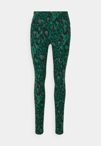Gröna leggings med ett mönster av leopardtryck med svarta och rosa accenter. Tillverkade av ett elastiskt material med en figurnära design.