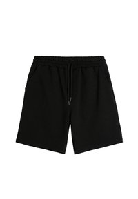 Shorts de sport noirs en coton mélangé doux, avec une taille élastique à cordon de serrage, deux poches latérales et une coupe droite.