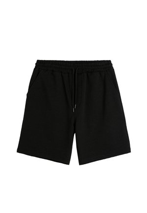 Shorts de sport noirs en coton mélangé doux, avec une taille élastique à cordon de serrage, deux poches latérales et une coupe droite.