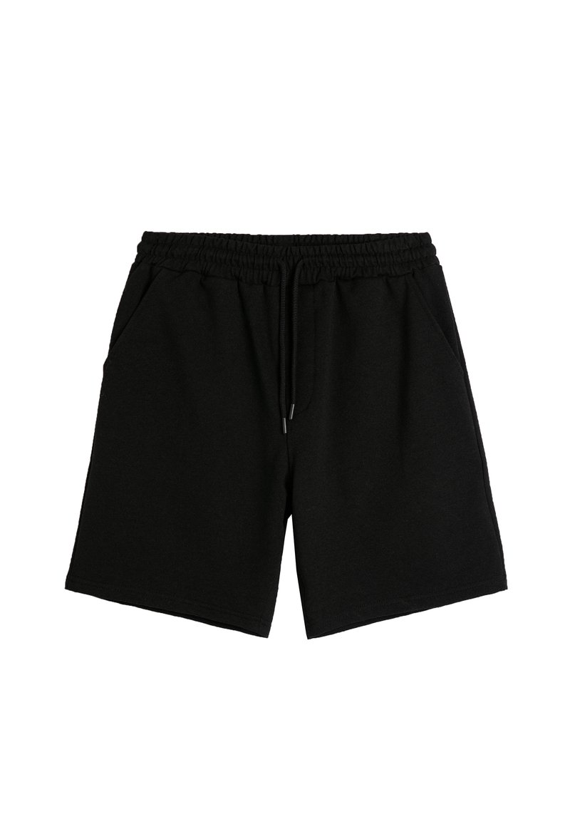 Shorts de sport noirs en coton mélangé doux, avec une taille élastique à cordon de serrage, deux poches latérales et une coupe droite.