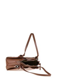 Bruine leren tote bag met dubbele handvatten, voorzien van een ritsopening en twee compartimenten. Soepele textuur en minimalistisch ontwerp met zilverkleurige hardware.