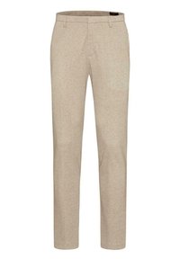 Beige rovné kalhoty se smyčkami na pásek, předními kapsami a zipovým zapínáním.