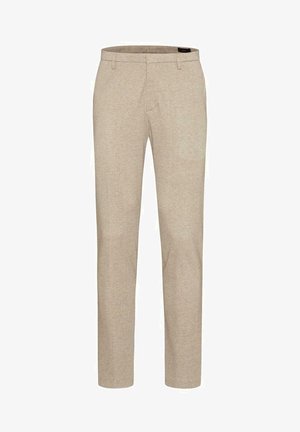 Beige straight-fit trousers with belt loops, front pockets, and a zip fly closure.