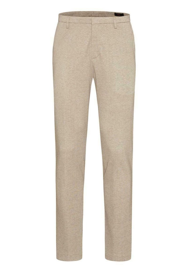 Beige rovné kalhoty se smyčkami na pásek, předními kapsami a zipovým zapínáním.