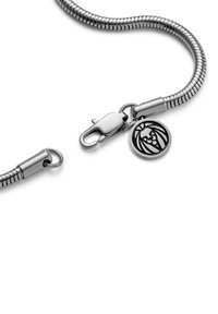 Silverfärgad ormkedja med en lås och en rund berlock med ett leonsmide. Slät yta med en polerad finish som visar elegant enkelhet.