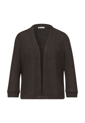 Donkerbruine open-front gebreide cardigan met lange mouwen en geribde manchetten, afgebeeld tegen een witte achtergrond.