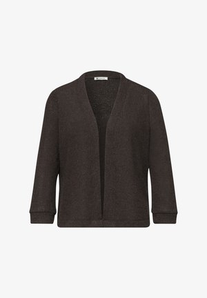 Donkerbruine open-front gebreide cardigan met lange mouwen en geribde manchetten, afgebeeld tegen een witte achtergrond.