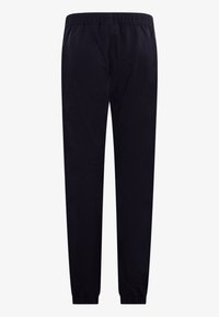 Pantalones deportivos de color azul marino con cintura elástica, puños de pernera ajustados y textura suave. Diseño sencillo sin patrones ni acentos visibles.