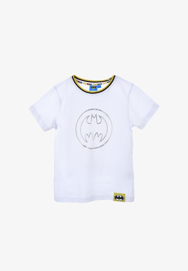 White cotton T-shirt featuring a gray Batman logo centered on the front and a black and yellow collar with "BATMAN" printed inside.