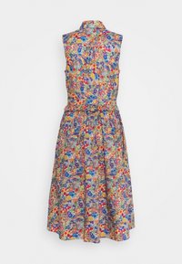 Ärmelloses Blumenkleid in bunten Mustern, mit Kragen, Knopfleiste und taillierter Taille sowie einem ausgestellten Rock.