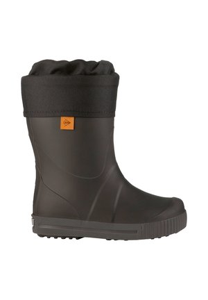 Schwarzer Gummistiefel mit einer strukturierten Oberfläche, einem faltbaren grauen Nylonbund und einem kleinen orangefarbenen Logotag. Strapazierfähige Sohle mit Profilmustern.