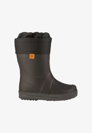 Schwarzer Gummiregenstiefel mit einem strukturierten schwarzen Stoffbündchen, einer flachen grauen Sohle und einem orangefarbenen Logotag an der Seite.