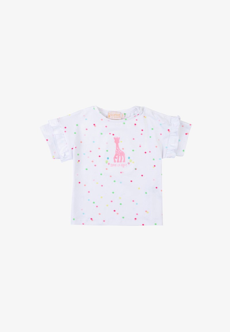 Camicetta bianca a maniche corte con dettagli in ruffle e pois multicolori. Presenta un design di giraffa rosa sul davanti. Tessuto in cotone morbido.