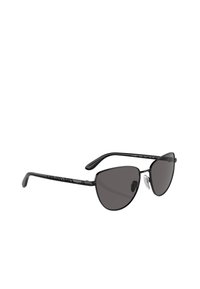 Occhiali da sole stile cat-eye neri con lenti scure, montatura metallizzata e aste decorate. Presentano naselli per il comfort e il logo del marchio sulle astine.