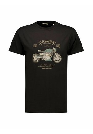T-shirt noir avec illustration vintage de moto et texte : Fuel & Power, Ride Fast, Built for Speed, Made to Last.