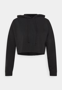 Felpa nera corta con cappuccio regolabile, maniche lunghe e una consistenza morbida. Design semplice senza motivi o dettagli.