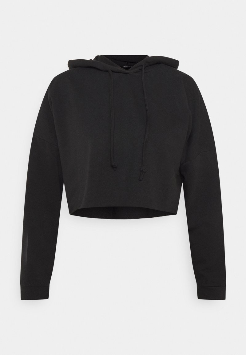 Felpa nera corta con cappuccio regolabile, maniche lunghe e una consistenza morbida. Design semplice senza motivi o dettagli.