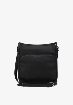 Borsa a tracolla nera in pelle con superficie testurizzata, tasca anteriore piatta, cinturino regolabile e design minimalista. Finiture in metallo argentato.