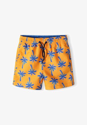 Oranje zwembroek met een blauw palmbomenpatroon. Elastische tailleband met een trekkoord. Gemaakt van lichtgewicht, snel drogend materiaal.