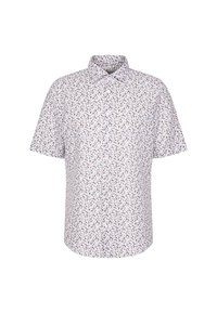 Korte mouwen overhemd van witte stof met een veelkleurig bloemenpatroon. Kenmerkt zich door een klassieke kraag en een knoopsluiting aan de voorkant.