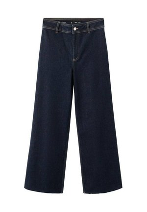 Pantalones vaqueros de pierna ancha en azul oscuro con trabillas para cinturón, cierre delantero de botones y costuras de contraste.