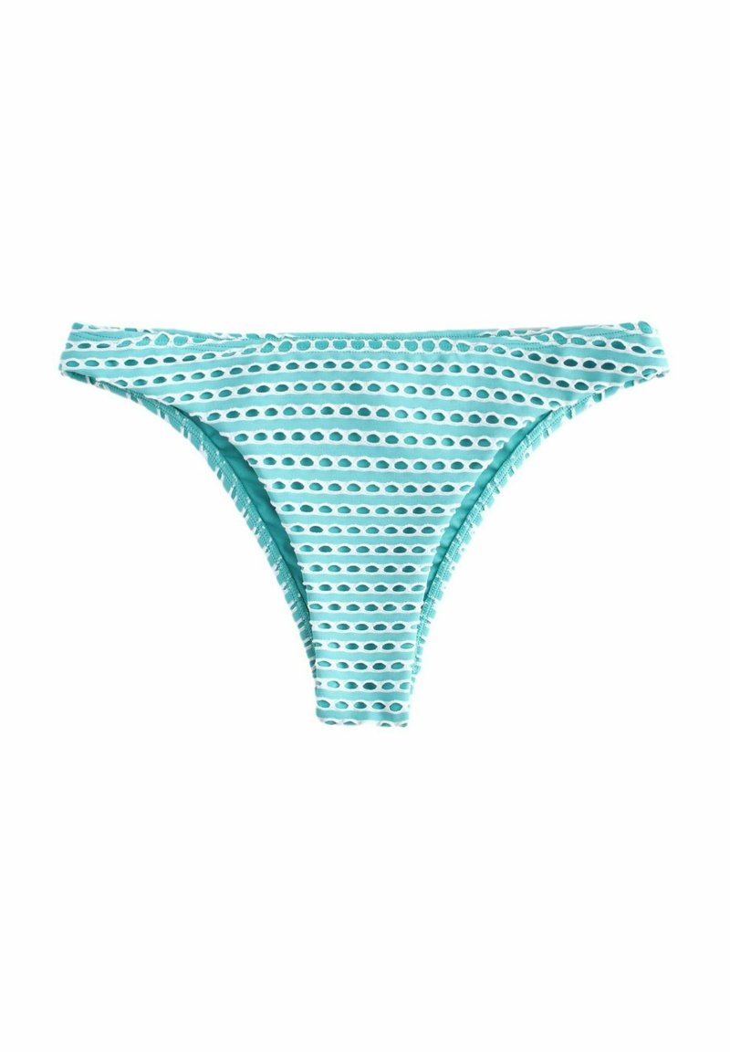 Šviesiai turkio spalvos bikini apatiniai su horizontaliais dryžiais, su apskritais išpjovimais, lygiu tekstūru ir žemu juosmeniu.