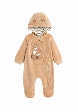 Beige fleecedons met berenontwerp, capuchon met oren en gestreepte voering. Ritssluiting en geribbelde manchetten. Zachte textuur en ronde voeten.