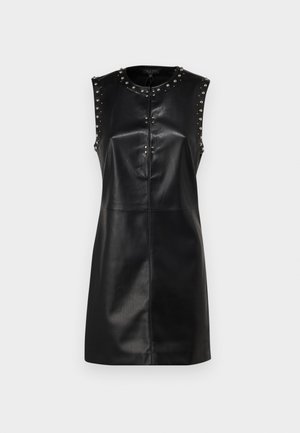 Black leather sleeveless dress with a fitted design, featuring metal studs along the shoulders and a front zip closure. Smooth texture.