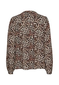 Blůza s dlouhým rukávem v leopardím vzoru, v béžové, hnědé a černé barvě. Má volný střih, zapínání na knoflíky na zádech a nařasené manžety na rukávech.