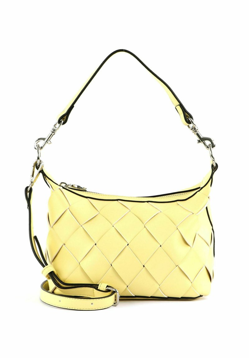 Sac à main en cuir jaune tressé avec bandoulières amovibles pour épaule et travers, ferrures en argent et détails bords noirs.