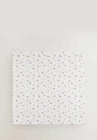 Tessuto di cotone con motivo floreale, caratterizzato da piccoli fiori multicolori su uno sfondo bianco, con una texture morbida e leggera.