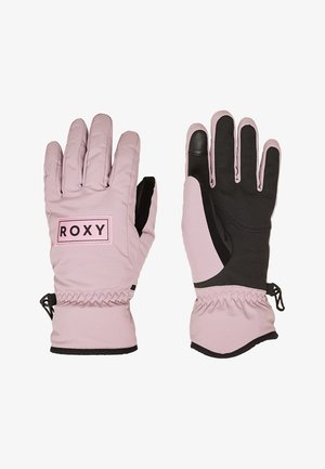 Para jasno-różowych zimowych rękawiczek z czarnymi chwytami na dłoniach, elastycznymi opaskami na nadgarstkach i naszywką z logo „ROXY” z tyłu lewej rękawicy.