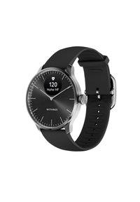 Smartwatch con cinturino in silicone nero, cassa rotonda in acciaio inossidabile argentato e quadrante nero che mostra la frequenza cardiaca, con indicatori minimalisti.
