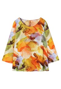 Blouse à motifs floraux à manches longues, fabriquée en tissu léger dans des tons d'orange, de vert et de bleu. Encolure ronde et fermeture zippée dans le dos.