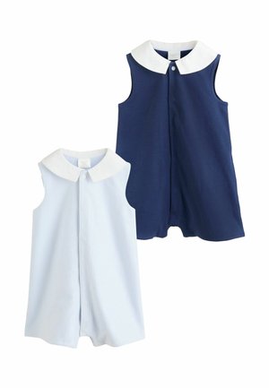 Két ujjatlan baba napozó, egyik tengerészkék, a másik világoskék fehér gallérral és elülső patentos rögzítéssel.