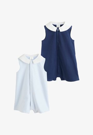 Dve bezrukávové detské overalové body, jedna tmavomodrá a jedna svetlomodrá s bielymi golierikmi a prednými zapínaním na cvoky.