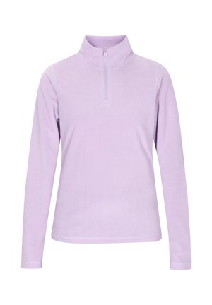 Lichtpaarse fleece pullover met een halve ritssluiting en lange mouwen. Zachte textuur en naadloos ontwerp, geschikt voor casual dragen.