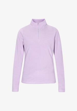 Világoslila polárpulóver félcipzárral és hosszú ujjakkal. Puha textúrájú és varrás nélküli dizájn, alkalmas hétköznapi viseletre.