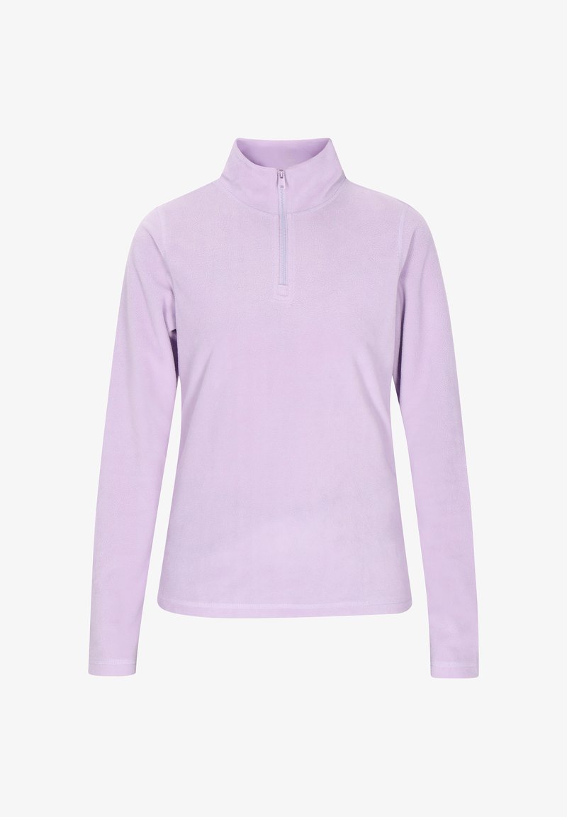 Lila Fleece-Pullover mit halbem Reißverschluss-Kragen und langen Ärmeln. Weicher Stoff und nahtloses Design, geeignet für die Freizeit.