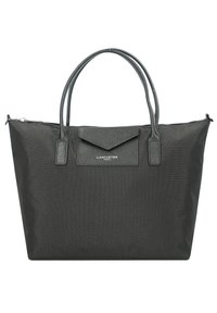 Sac fourre-tout noir en tissu avec texture lisse, double poignées, fermeture éclair et une poche avant avec un petit rabat en angle et un détail de logo.